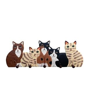 Handcrafted Cat Wall Hook Rack - Brown, Black, White